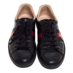 Gucci Black Leather Ace Web Bee Low Top Sneakers Size 45