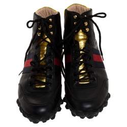 Gucci Black Leather Web Detail High Top Sneakers Size 42