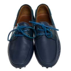 Pre Owned Gucci Blue Leather Boat Bow Slip On Loafers Size 42