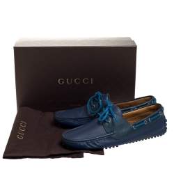 Pre Owned Gucci Blue Leather Boat Bow Slip On Loafers Size 42