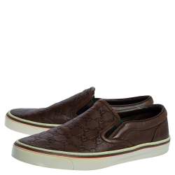 Pre Owned حذاء لوفرز غوتشي سليب أون جلد غوتشيسيما بني داكن مقاس 42