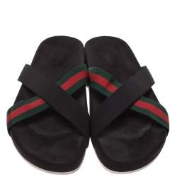 مملوكة مسبقًا Gucci Black Elastic And Web Cross Strap Slide Sandals Size 46.5