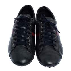 Gucci Black Leather Perforated Detail Web Low Top Sneakers Size 44