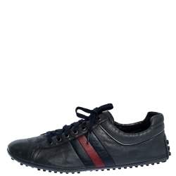 Gucci Black Leather Perforated Detail Web Low Top Sneakers Size 44