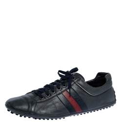 Gucci Black Leather Perforated Detail Web Low Top Sneakers Size 44