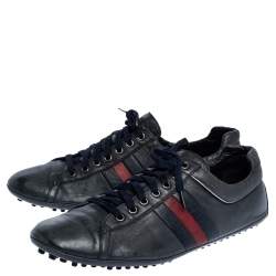 Gucci Black Leather Perforated Detail Web Low Top Sneakers Size 44