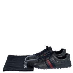 Gucci Black Leather Perforated Detail Web Low Top Sneakers Size 44
