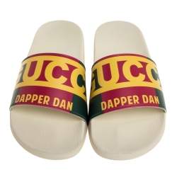 Gucci Multicolor Web Logo Print Rubber Dapper Dan Slip On Slides Size 41