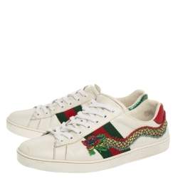 Gucci White Leather Ace Dragon Embroidered Low Top Sneakers Size 41.5