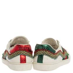 Gucci White Leather Ace Dragon Embroidered Low Top Sneakers Size 41.5
