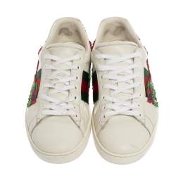 Gucci White Leather Ace Dragon Embroidered Low Top Sneakers Size 41.5