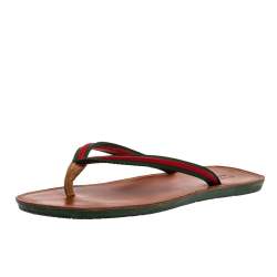 Pre Owned Gucci Green Canvas Web Detail Thong Flats Size 45