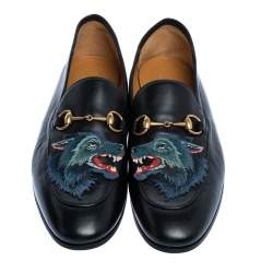 Gucci Black Leather Brixton Wolf Applique Horsebit Loafers Size 45