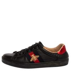 Gucci Black Leather Ace Web Bee Low Top Lace Up Sneakers Size 42.5
