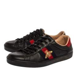 Gucci Black Leather Ace Web Bee Low Top Lace Up Sneakers Size 42.5