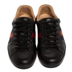 Gucci Black Leather Ace Web Bee Low Top Lace Up Sneakers Size 42.5