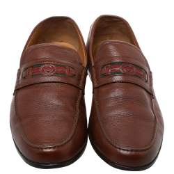 Pre Owned Gucci Brown Leather Web With Interlocking GG Horsebit Detail Loafers Size 45