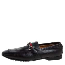 مملوكة مسبقًا Gucci Black Leather Horsebit Web Detail Slip On Loafers Size 43