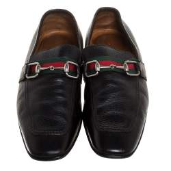 مملوكة مسبقًا Gucci Black Leather Horsebit Web Detail Slip On Loafers Size 43