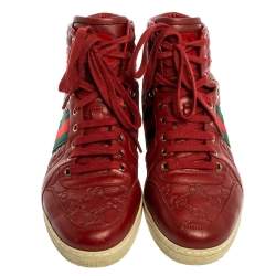 Gucci Red Guccissima Leather Viaggio Web Detail High Top Sneakers Size 42.5