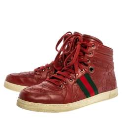 Gucci Red Guccissima Leather Viaggio Web Detail High Top Sneakers Size 42.5