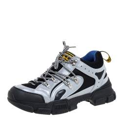 Pre Owned حذاء رياضي غوتشي فلاشترك شبك جلد أسود/ رمادي مقاس 41