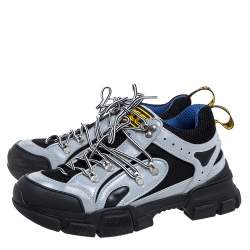 Pre Owned حذاء رياضي غوتشي فلاشترك شبك جلد أسود/ رمادي مقاس 41