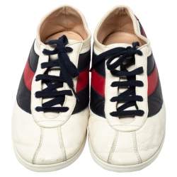 Pre Owned Gucci White Leather Falacer Web Low Top Sneakers Size 43