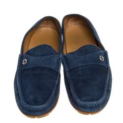 Pre Owned Gucci Blue Suede Interlocking GG Driving Moccasins Size 44