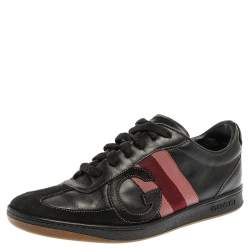 Gucci Black Leather and Suede Web G Low Top Sneakers Size 41.5