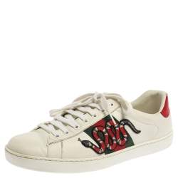 White Leather Ace Embroidered Snake Low Top Sneakers Size 41.5 Gucci | TLC
