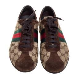 مملوكة مسبقًا Gucci Beige/Brown GG Canvas And Suede Leather Web Detail Low Top Sneakers Size 42.5