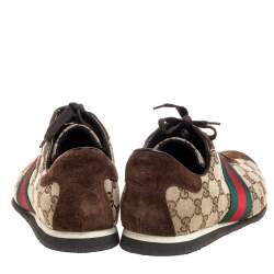 مملوكة مسبقًا Gucci Beige/Brown GG Canvas And Suede Leather Web Detail Low Top Sneakers Size 42.5