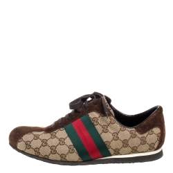 مملوكة مسبقًا Gucci Beige/Brown GG Canvas And Suede Leather Web Detail Low Top Sneakers Size 42.5