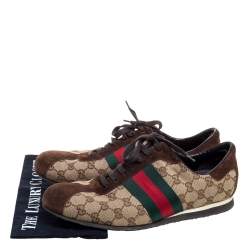 مملوكة مسبقًا Gucci Beige/Brown GG Canvas And Suede Leather Web Detail Low Top Sneakers Size 42.5