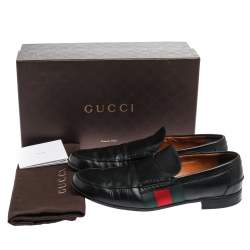 Pre Owned Gucci Black Leather Web Slip On Loafers Size 44.5