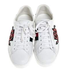 Pre Owned Gucci White Leather Ace Embroidered Snake Low Top Sneakers Size 44.5