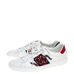 Pre Owned Gucci White Leather Ace Embroidered Snake Low Top Sneakers Size 44.5