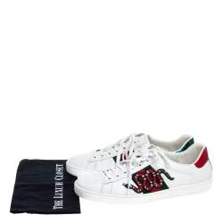 Pre Owned Gucci White Leather Ace Embroidered Snake Low Top Sneakers Size 44.5