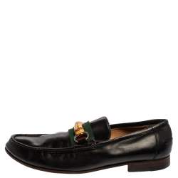 مملوكة مسبقًا Gucci Black Leather Bamboo Horsebit Web Slip On Loafers Size 42