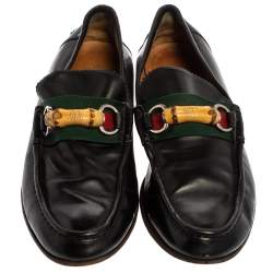مملوكة مسبقًا Gucci Black Leather Bamboo Horsebit Web Slip On Loafers Size 42