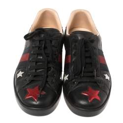 Pre Owned Gucci Black Leather Ace Metallic Stars Low Top Sneakers Size 43