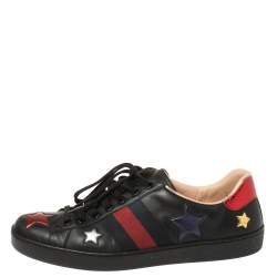 Pre Owned Gucci Black Leather Ace Metallic Stars Low Top Sneakers Size 43
