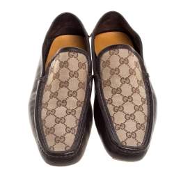 Pre Owned Gucci Brown Leather and GG Canvas Loafers Size 43.5