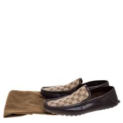 Pre Owned Gucci Brown Leather and GG Canvas Loafers Size 43.5