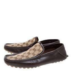 Pre Owned Gucci Brown Leather and GG Canvas Loafers Size 43.5