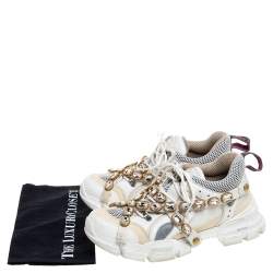 Pre Owned Gucci White Leather and Mesh Flashtrek Removable Crystals Sneakers Size 42