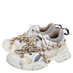 Pre Owned Gucci White Leather and Mesh Flashtrek Removable Crystals Sneakers Size 42