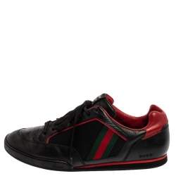 Pre Owned Gucci Black /Red Leather And Mesh Vintage Web Tennis Sneakers Size 44.5