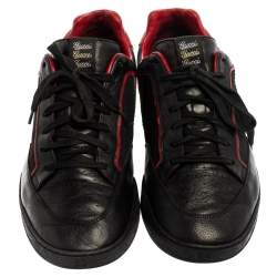 Pre Owned Gucci Black /Red Leather And Mesh Vintage Web Tennis Sneakers Size 44.5